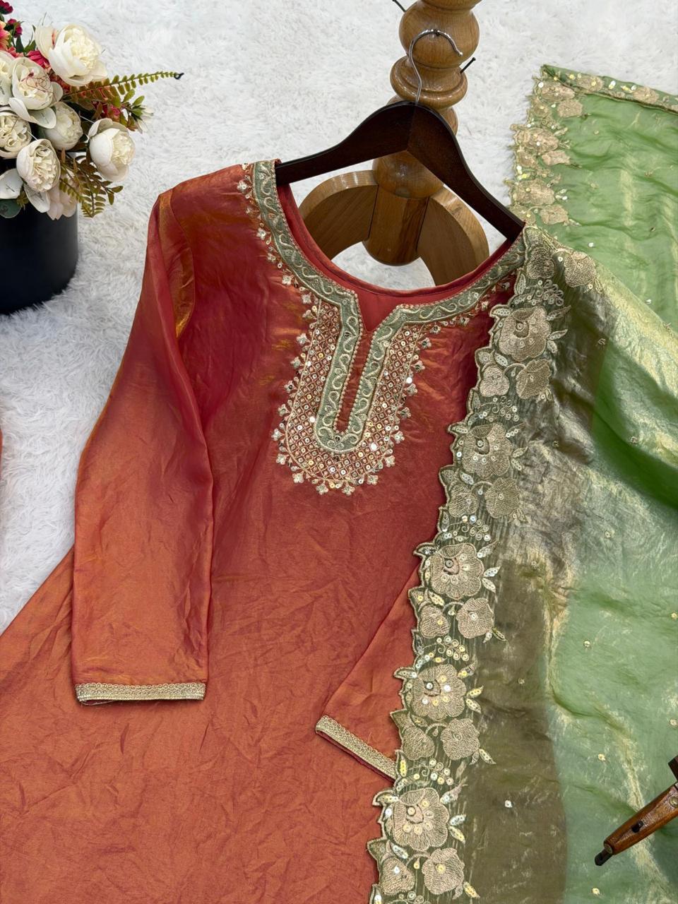 Fendy silk Palazzo Suit with graceful embroidery and sequin detailing
