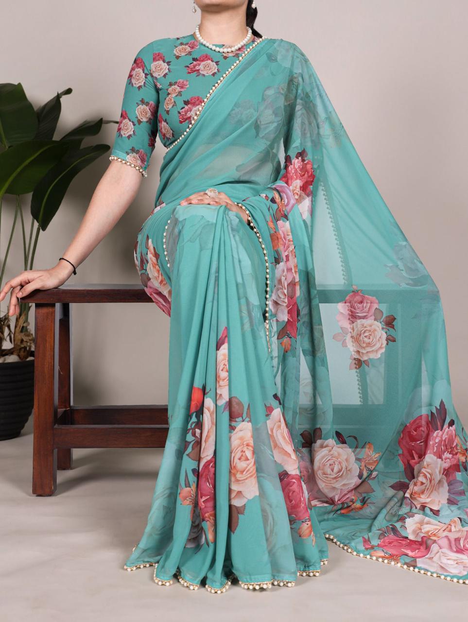 Elegant Georgette Printed Saree with Pearl Lace Border