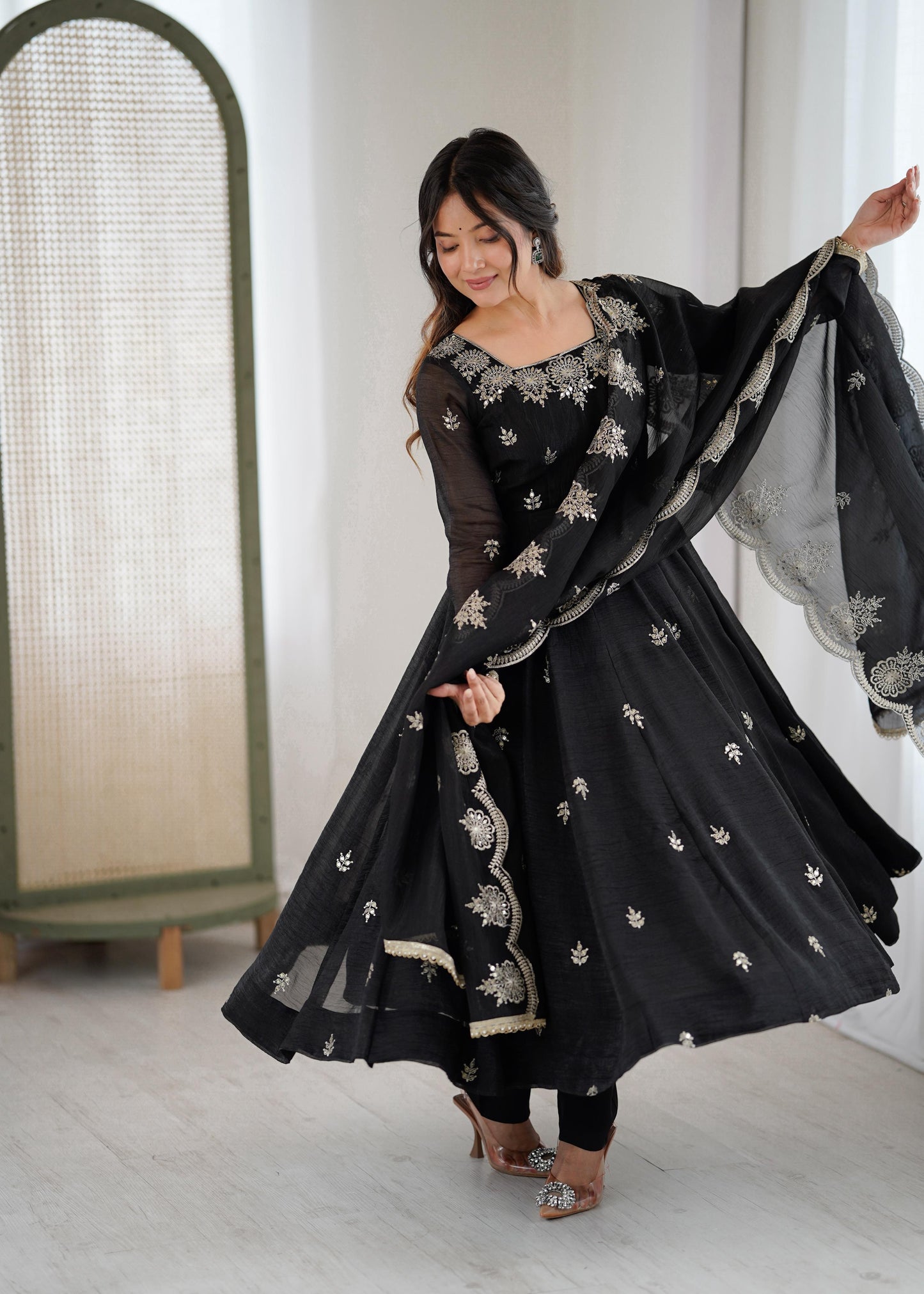 Crunchy Silk Embroidery Sequin Gown with Pants