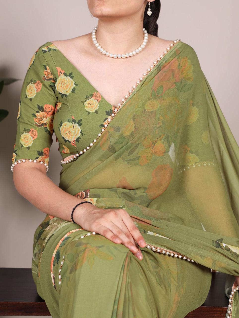 Elegant Georgette Printed Saree with Pearl Lace Border