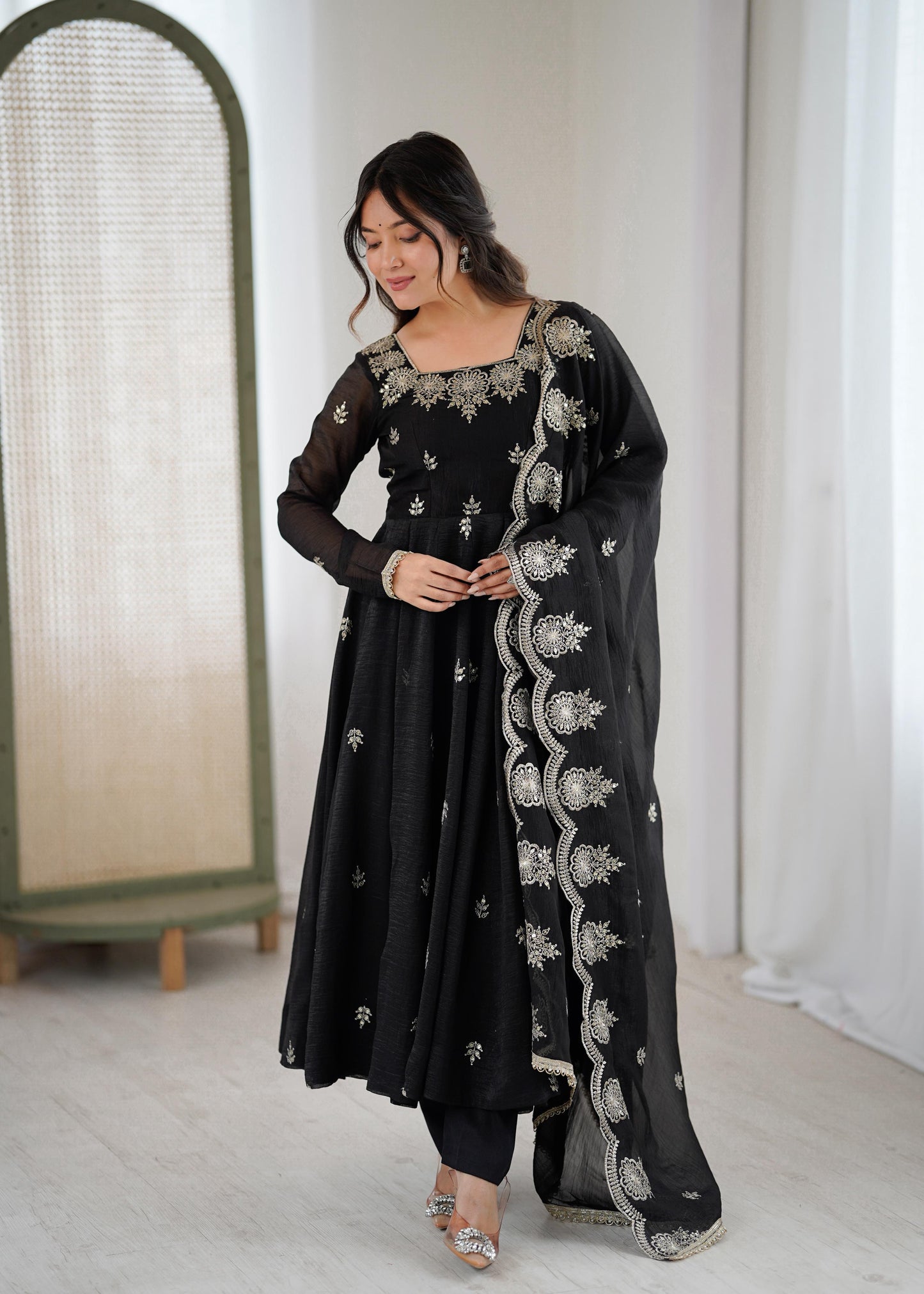 Crunchy Silk Embroidery Sequin Gown with Pants