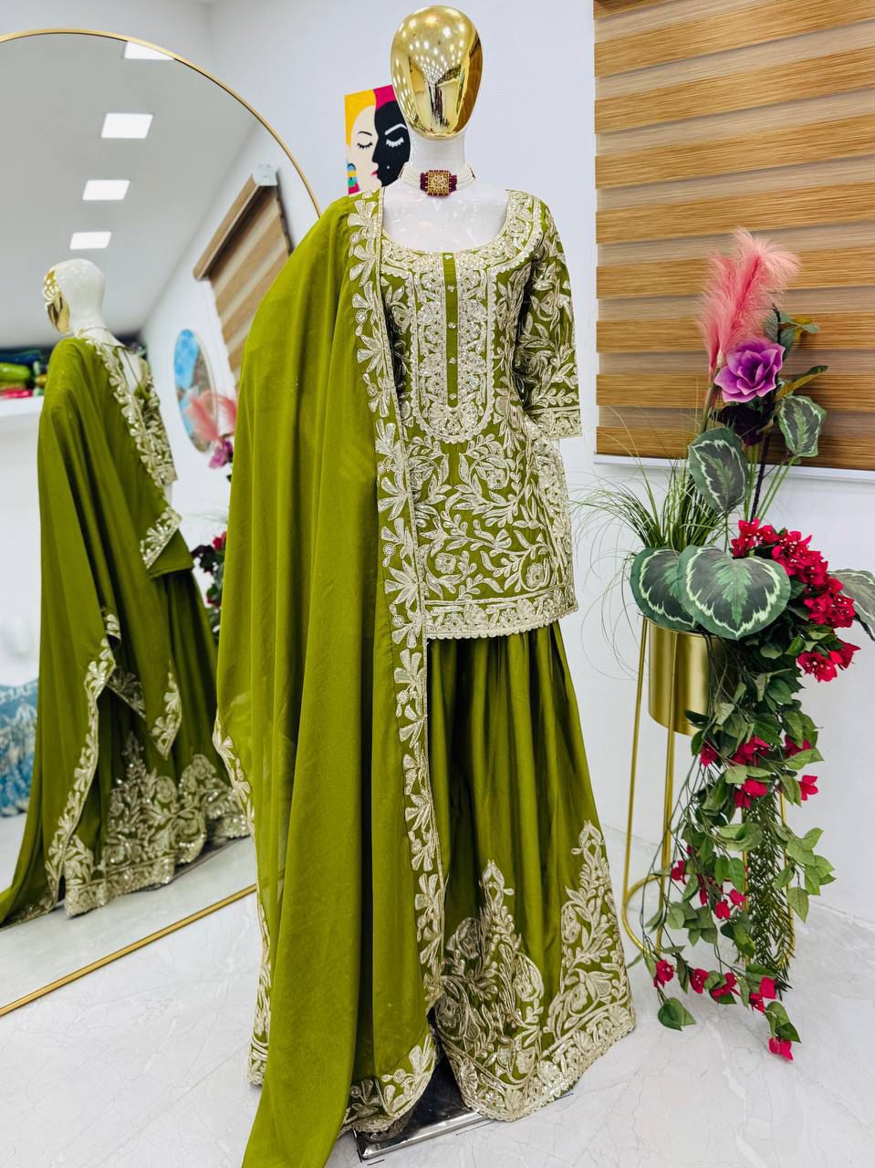 Designer Chinon Silk Sharara Set with Sequin Embroidery & Dupatta