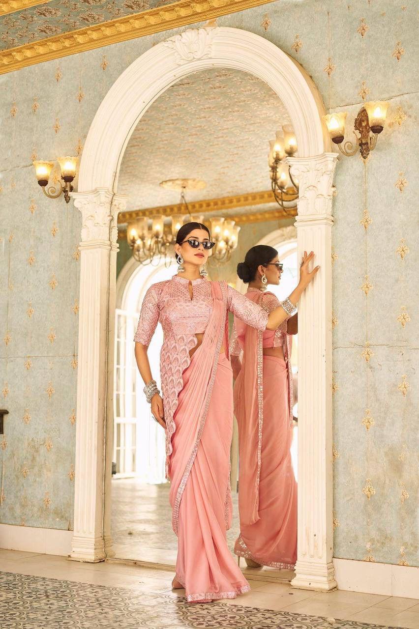 Peach Drape-Style Ready to Wear Saree with Heavy Embroidered Blouse