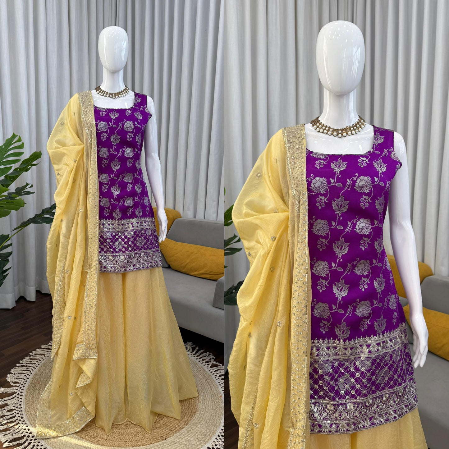 Purple Jequard Suit with Golden Palazzo Pants
