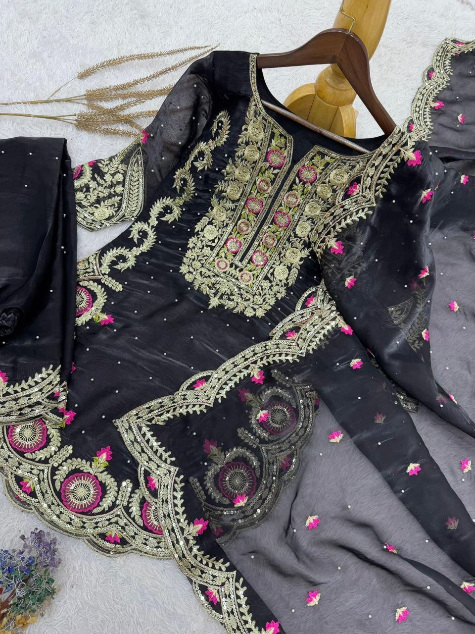 Black Silk Apple Cut Suit with Palazzo Pants