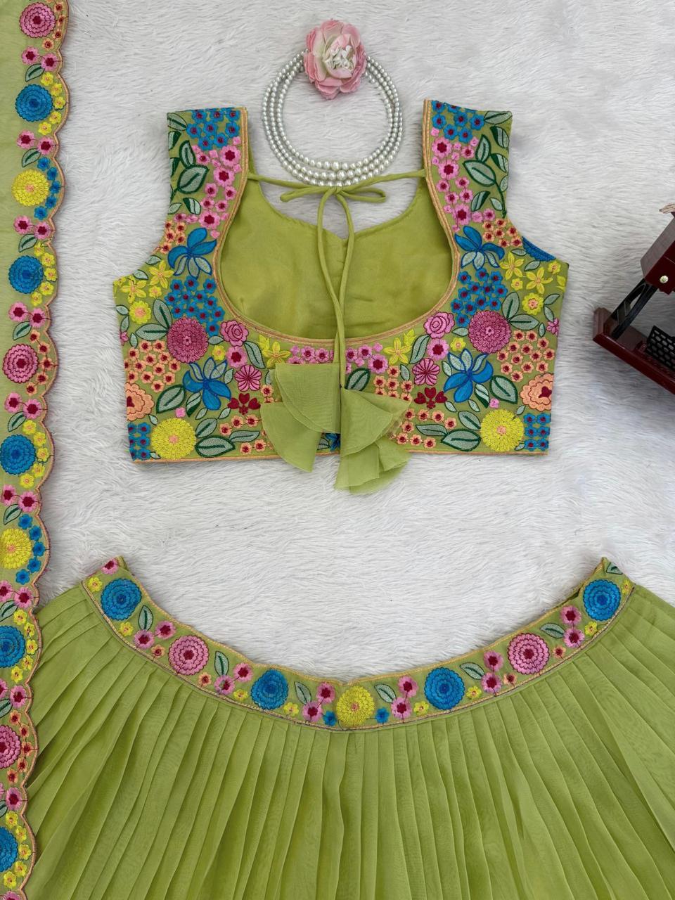 Green Tabby Organza Silk Lehenga with Floral Embroidery