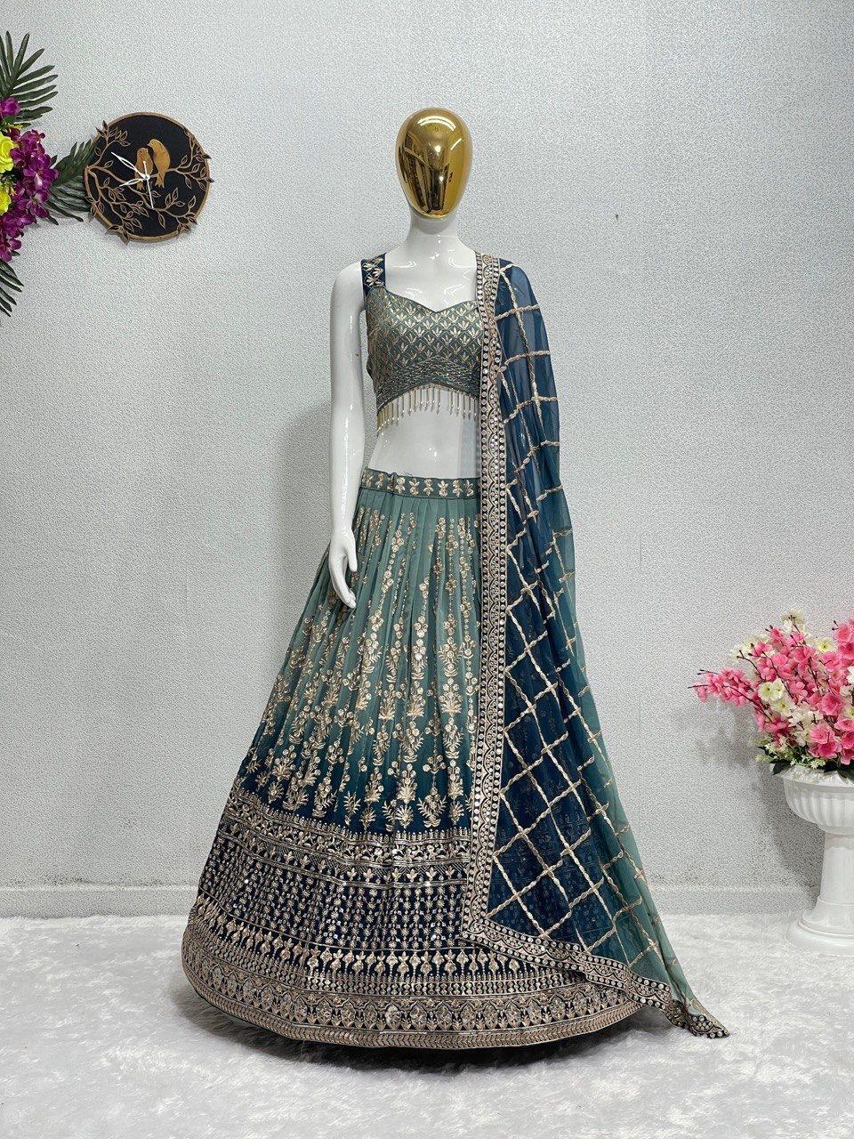 Designer Teal Blue Bridal Faux Georgette Lehenga Choli Set with Heavy Embroidery