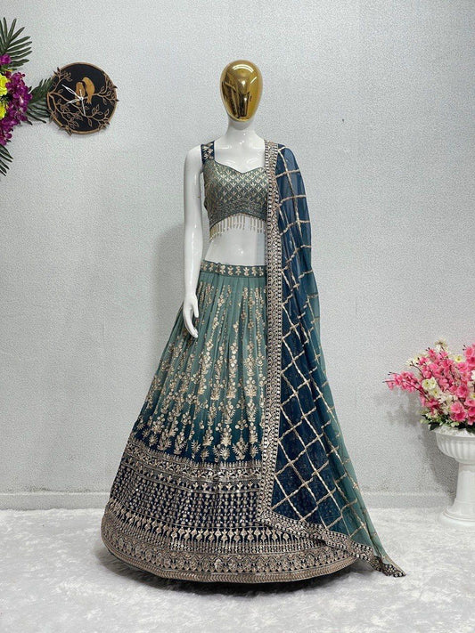 Designer Teal Blue Bridal Faux Georgette Lehenga Choli Set with Heavy Embroidery