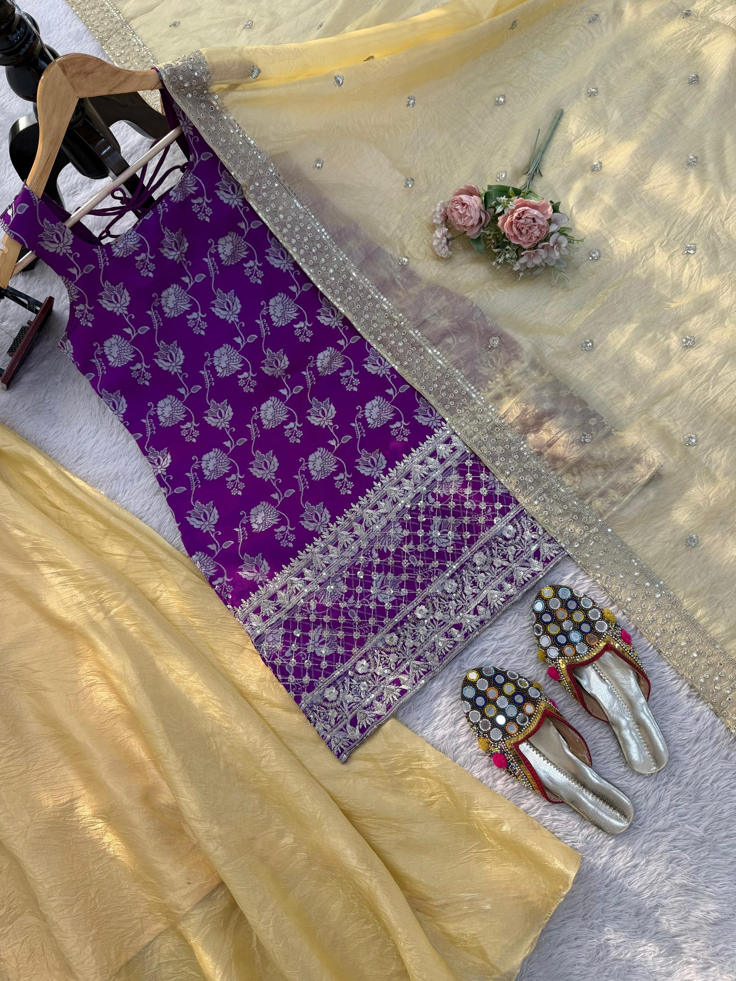 Purple Jequard Suit with Golden Palazzo Pants