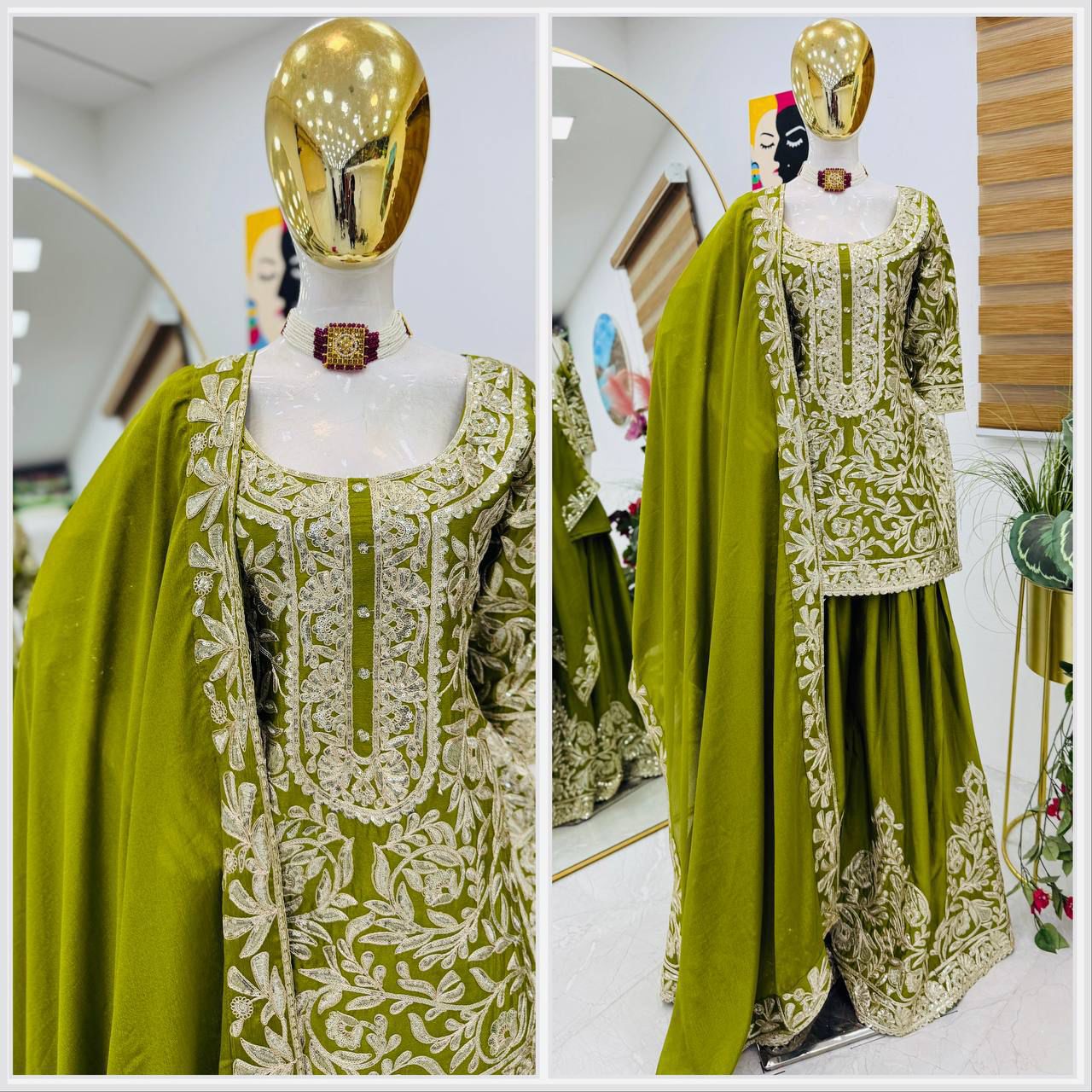 Designer Chinon Silk Sharara Set with Sequin Embroidery & Dupatta