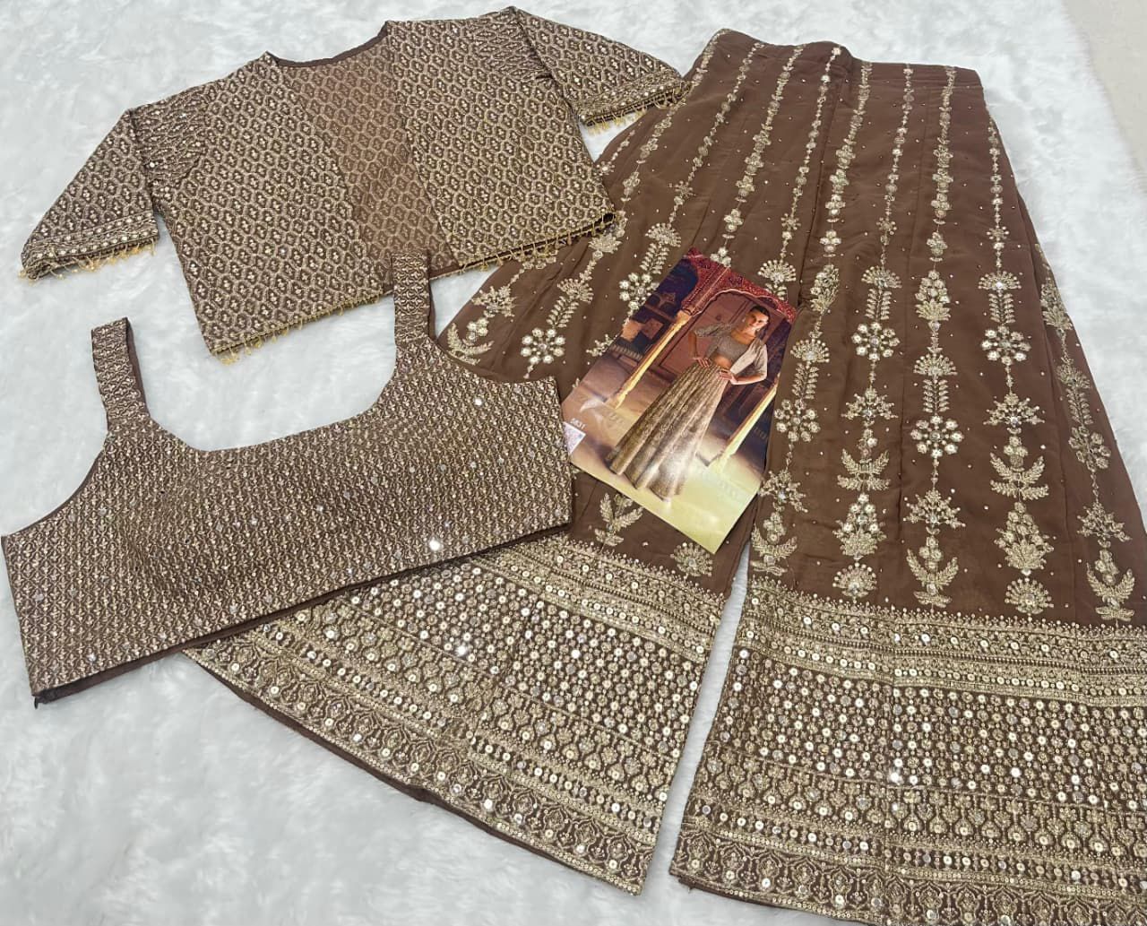 Brown Georgette Indowestern Designer Set with Embroidered Swarovski and Zarkan Work