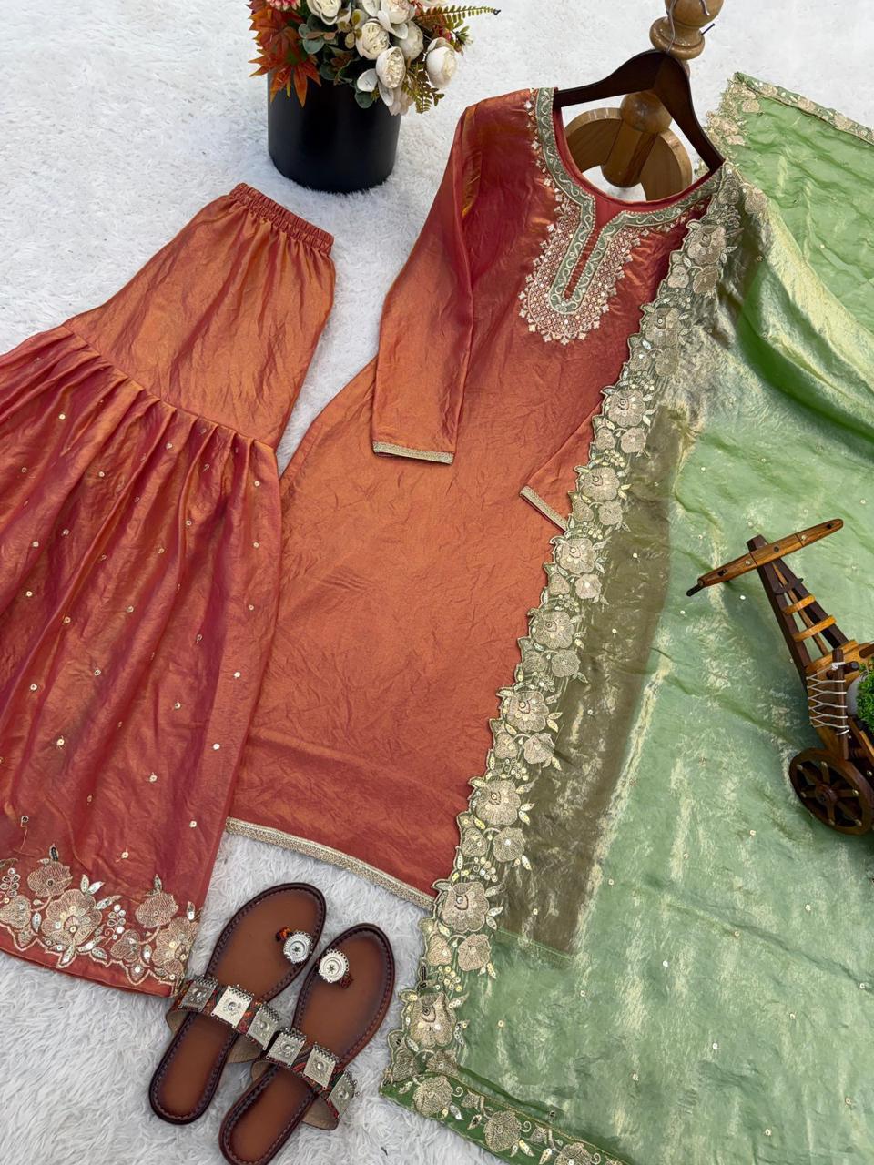 Fendy silk Palazzo Suit with graceful embroidery and sequin detailing