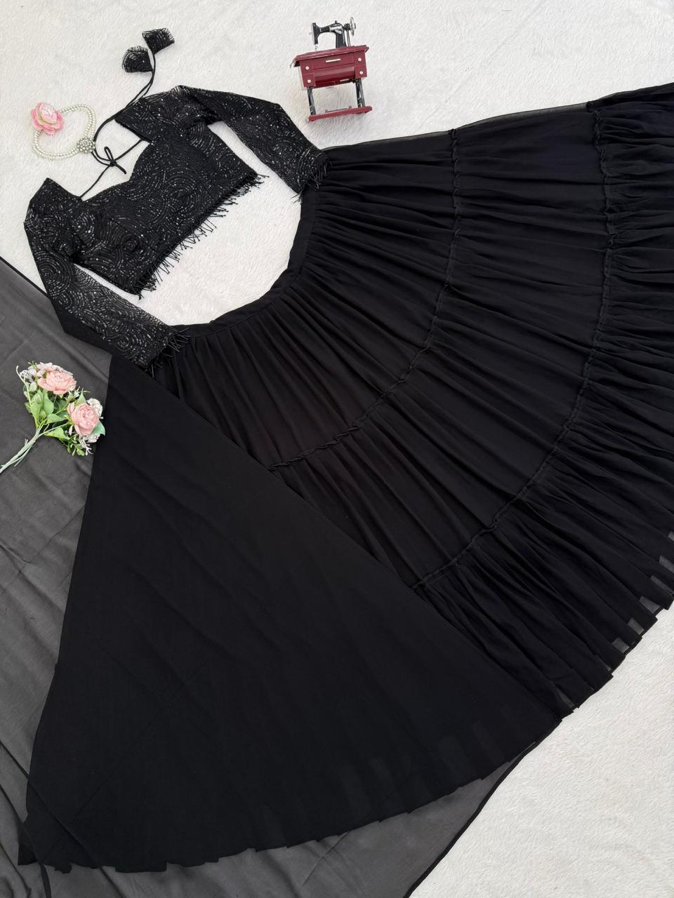 Black Faux Georgette Ruffle Pattern Lehenga