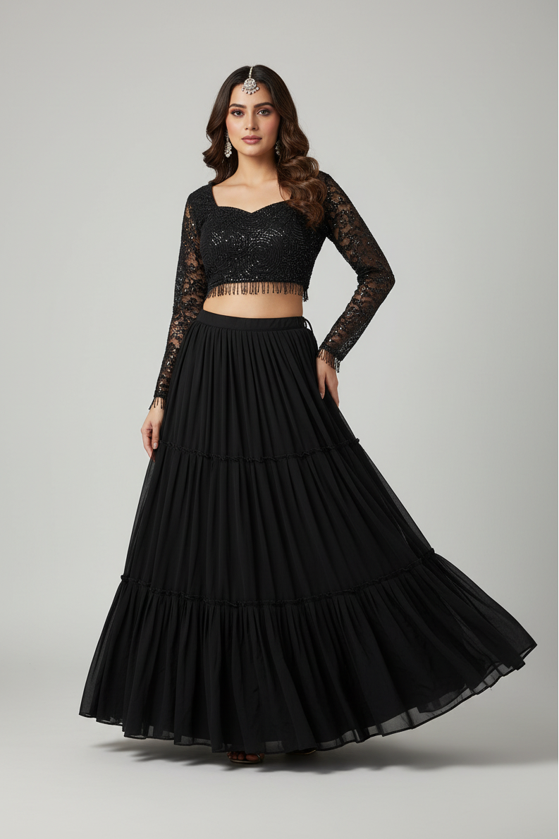 Black Faux Georgette Ruffle Pattern Lehenga