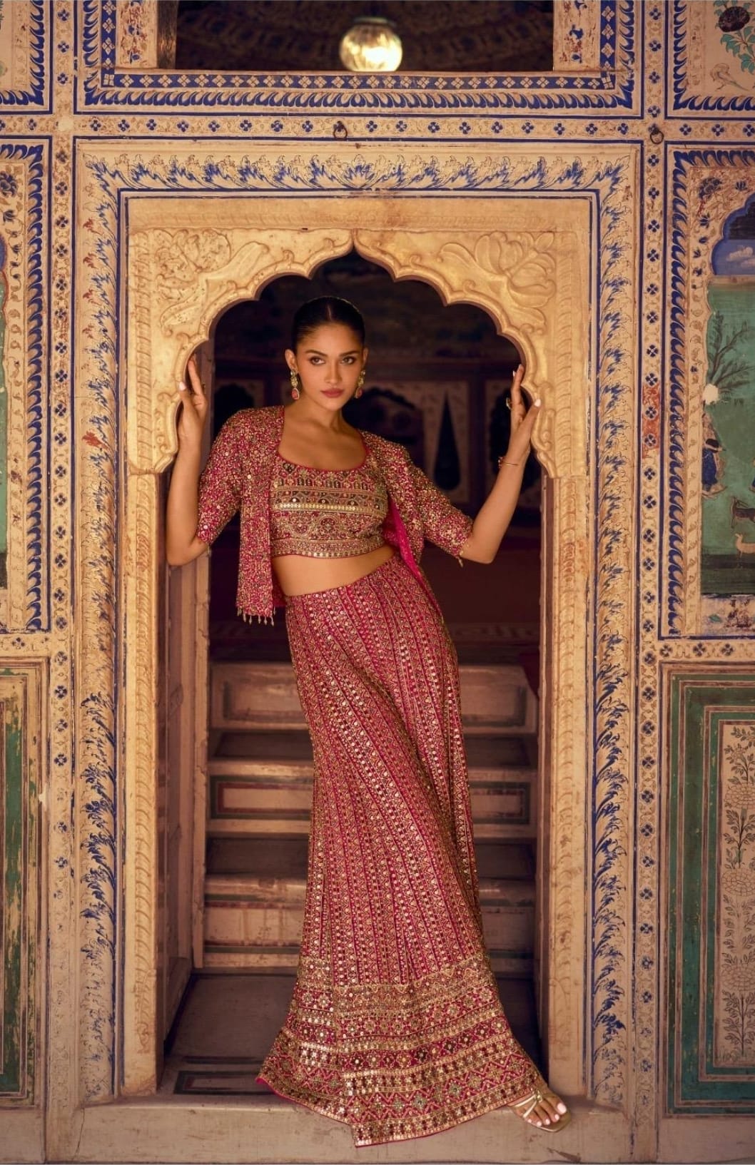 Georgette Indowestern with Jacket and Plazzo with Zarkan Detailing