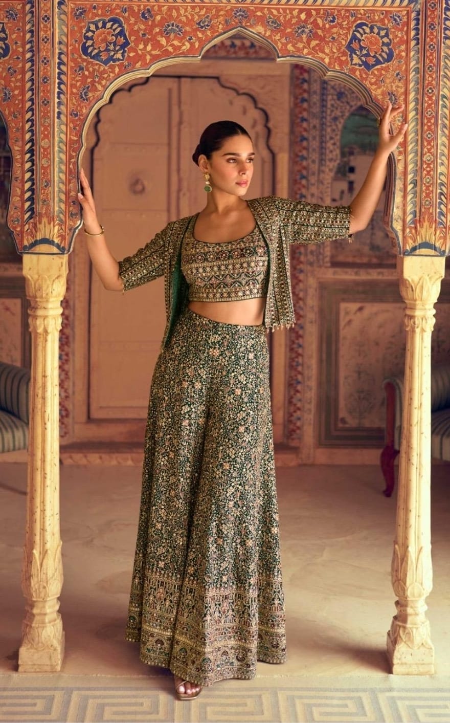 Georgette Indowestern with Jacket and Plazzo with Zarkan Detailing