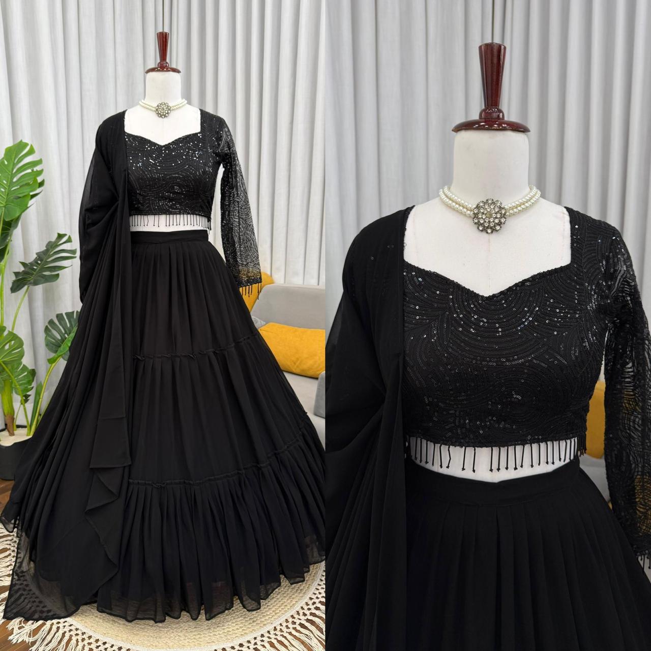 Black Faux Georgette Ruffle Pattern Lehenga