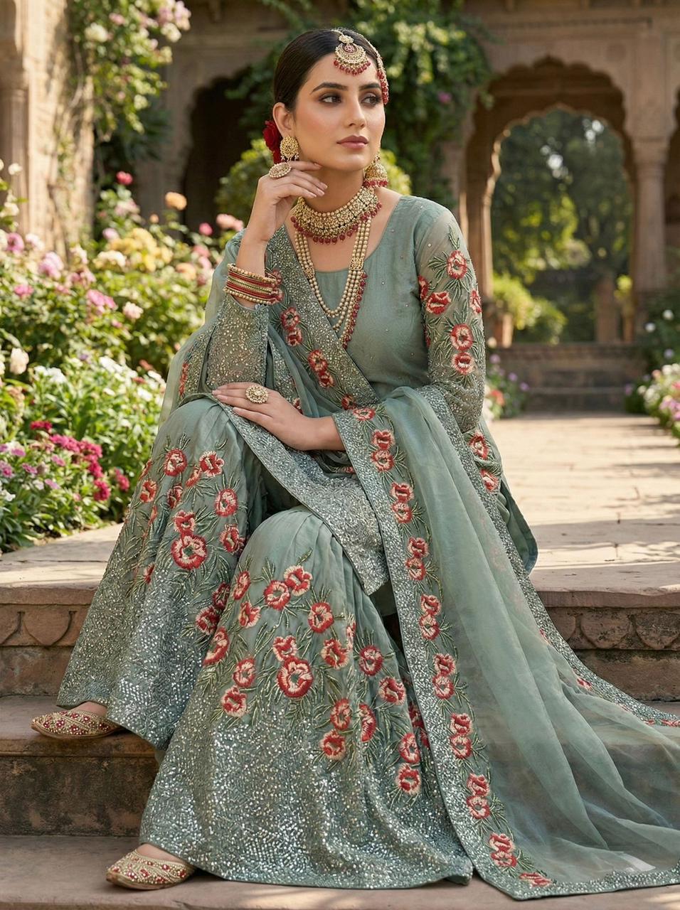Fendy silk heavy embroidery sequin work Sharara Suit