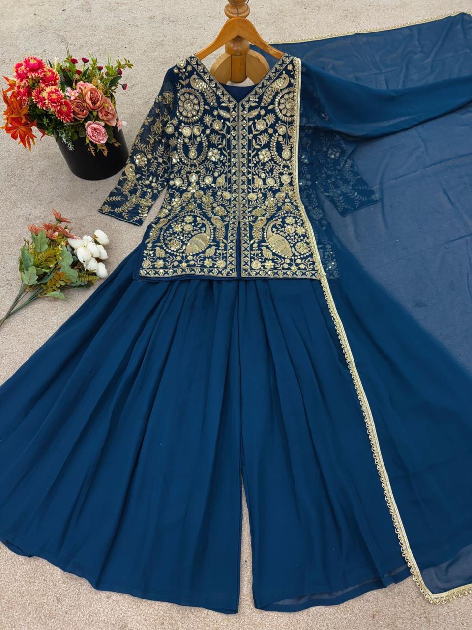 Heavy Faux Georgette Palazzo Set with elegant sequin embroidery
