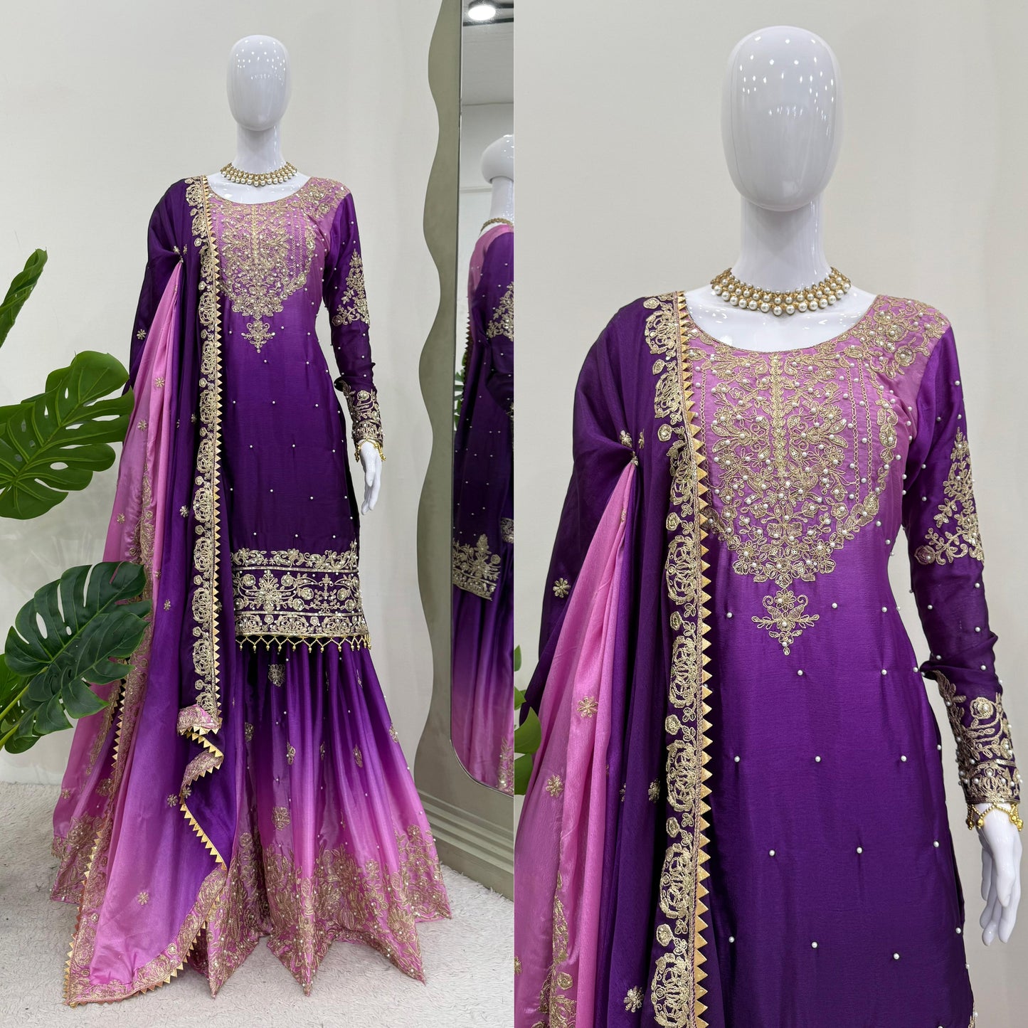 Designer Chinon rivet moti embroidery Palazzo Set ✨