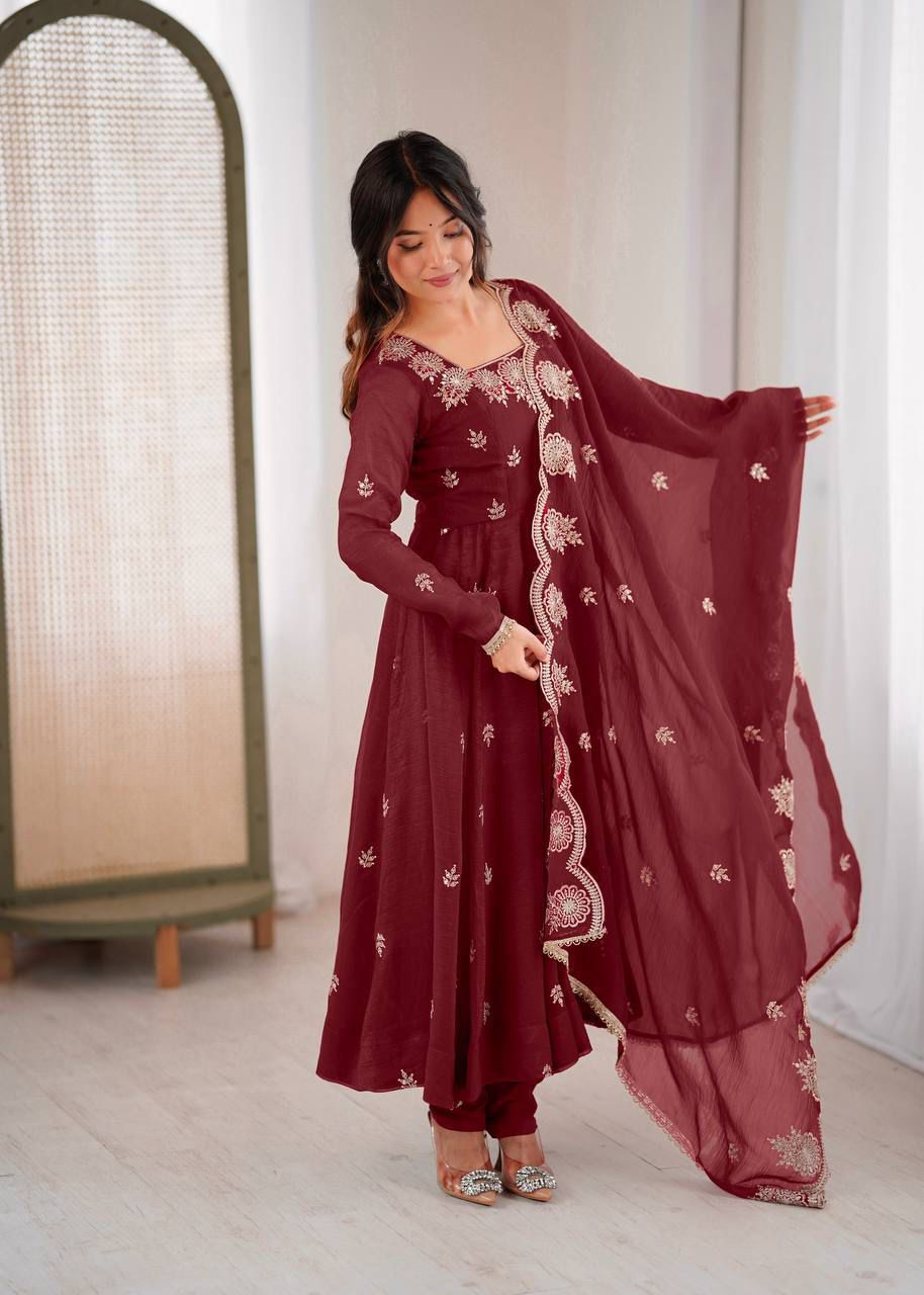 Crunchy Silk Embroidery Sequin Gown with Pants