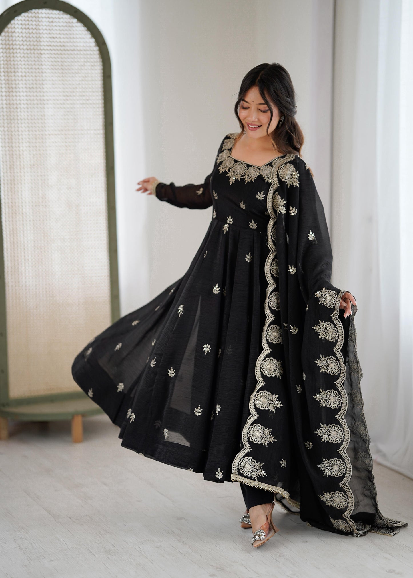 Crunchy Silk Embroidery Sequin Gown with Pants