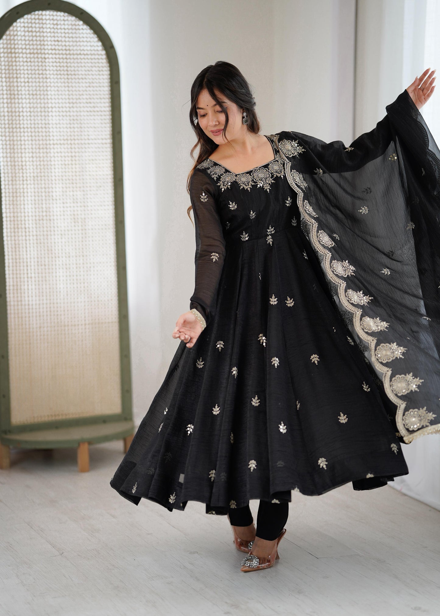 Crunchy Silk Embroidery Sequin Gown with Pants