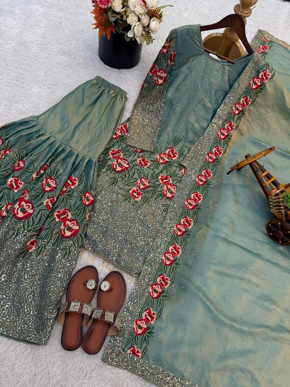 Fendy silk heavy embroidery sequin work Sharara Suit