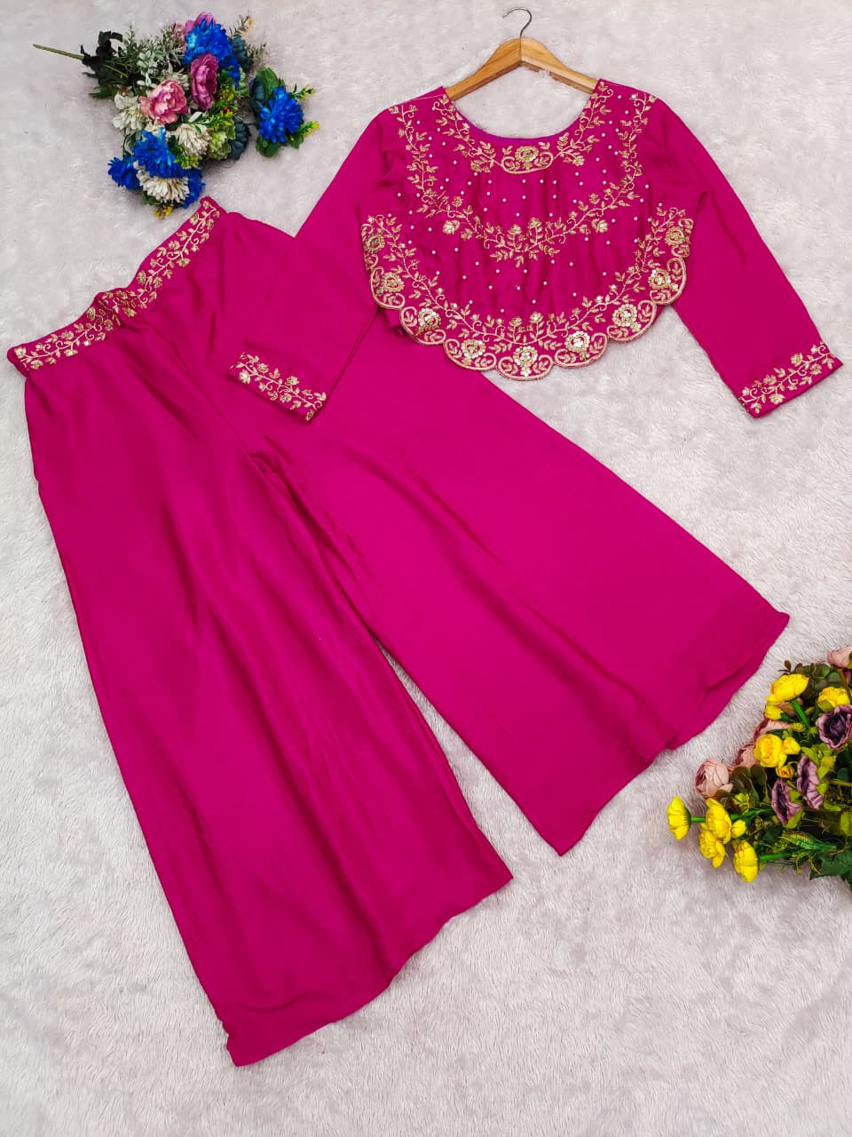 Chinon Silk Crop Top with Palazzo Pants