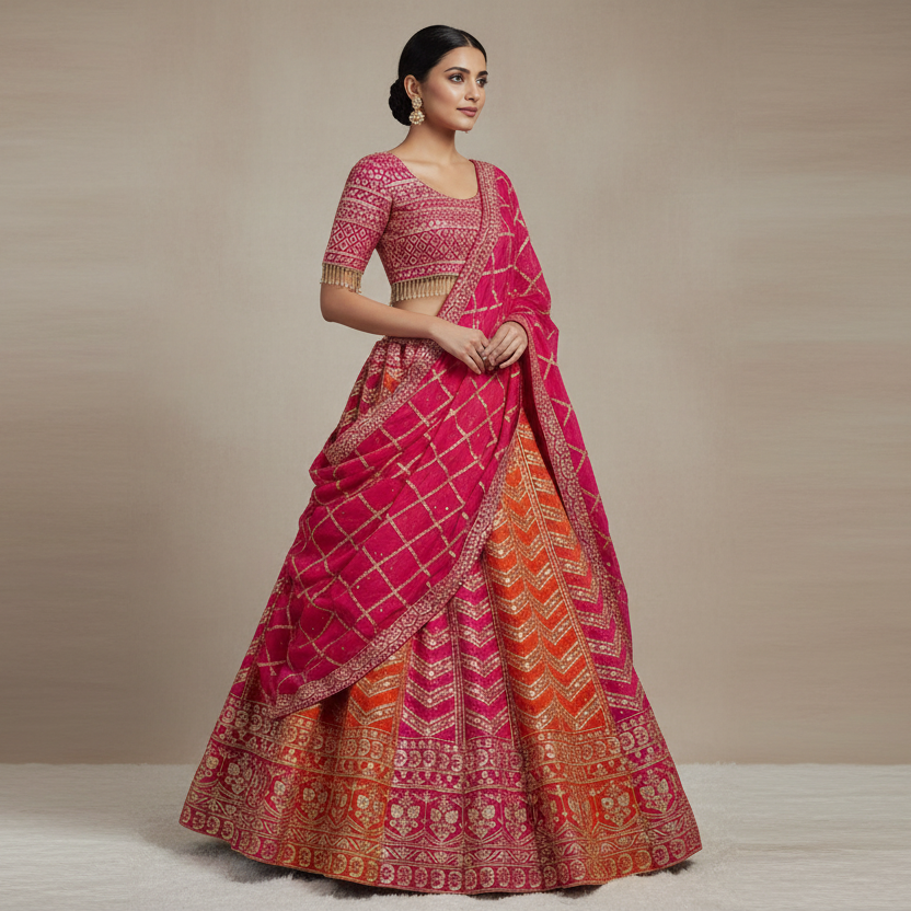 Orange Pink Faux Georgette Lehenga