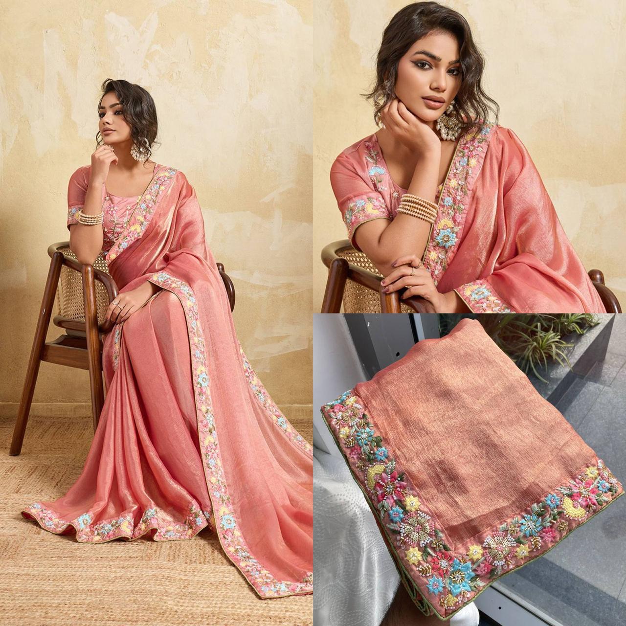 Fendy Chiffon Saree with Beaded and Embroidered Work