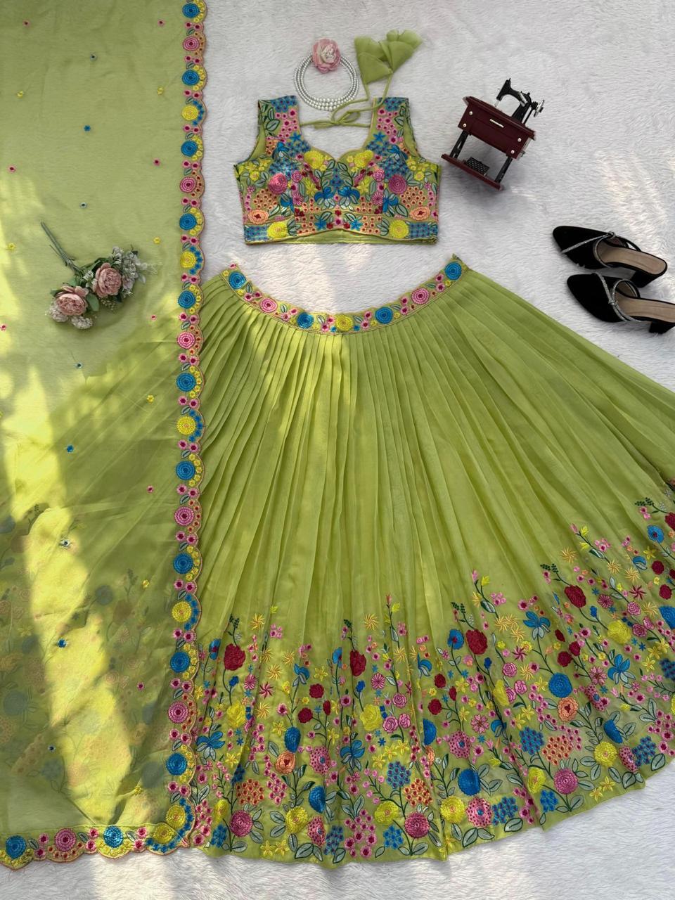 Green Tabby Organza Silk Lehenga with Floral Embroidery