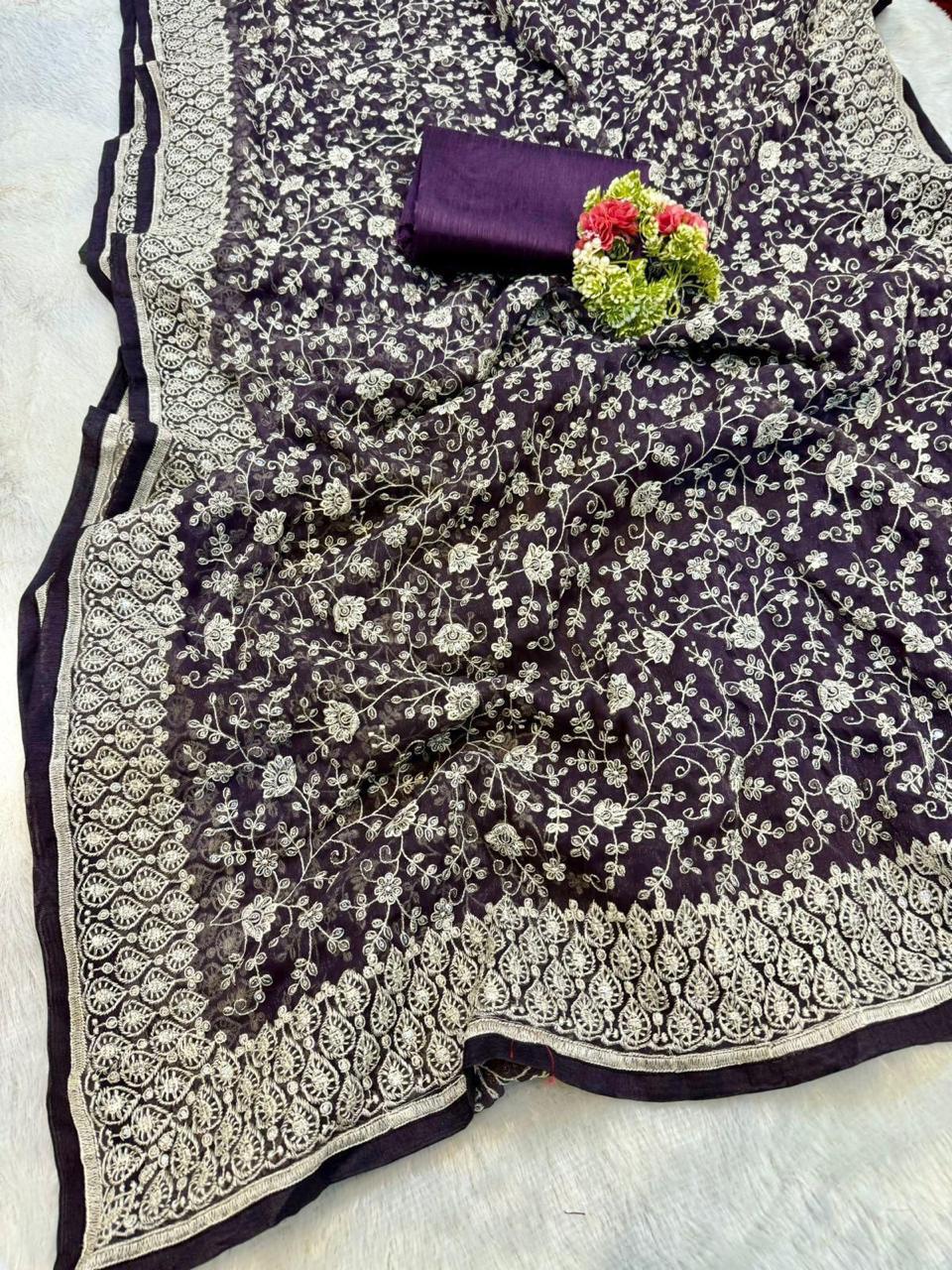 Chikankari Work Shimmer Silk Saree