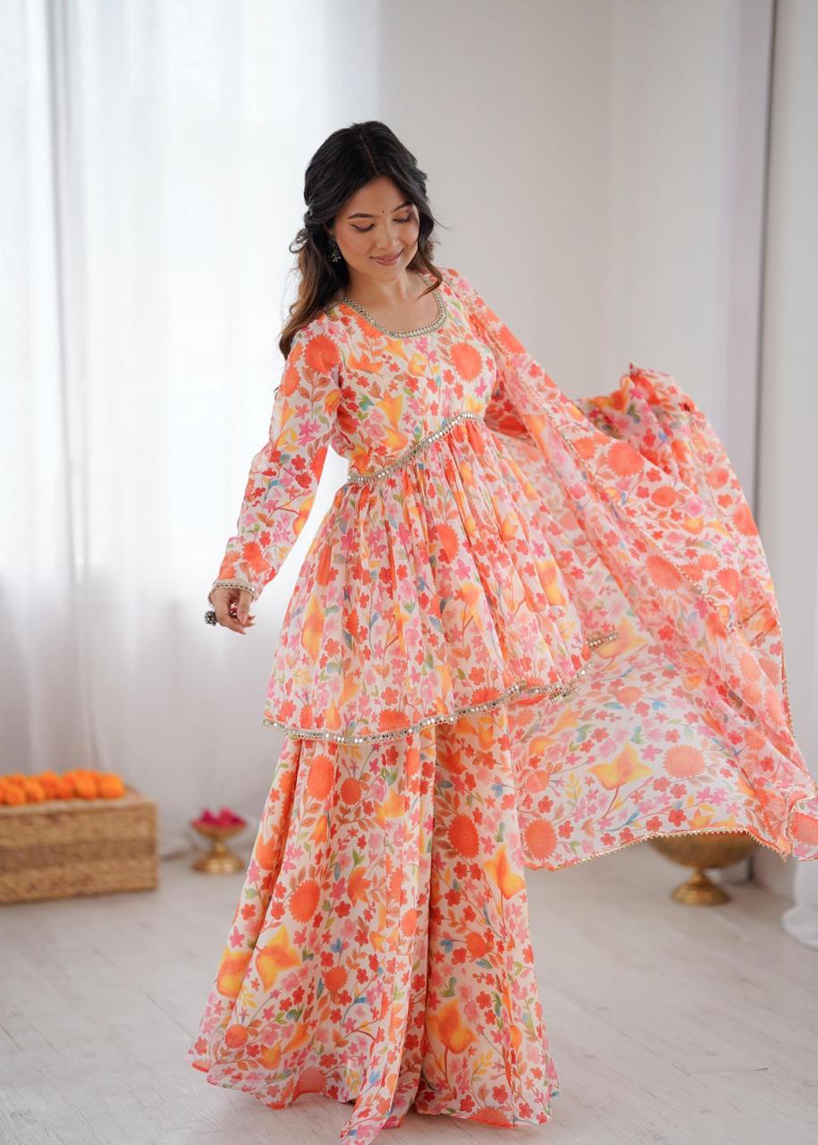 Floral Kediya Style Kurta with Palazzo Pants
