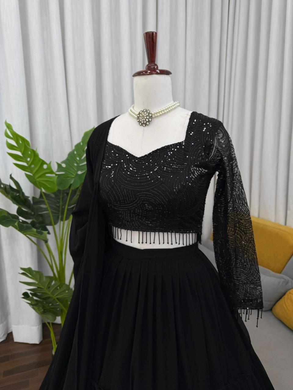 Black Faux Georgette Ruffle Pattern Lehenga