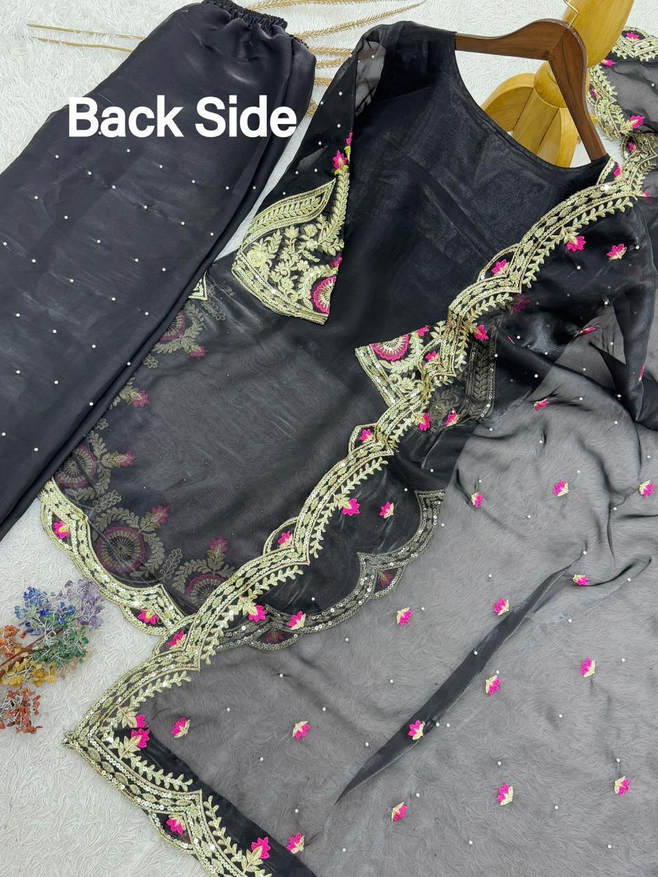 Black Silk Apple Cut Suit with Palazzo Pants