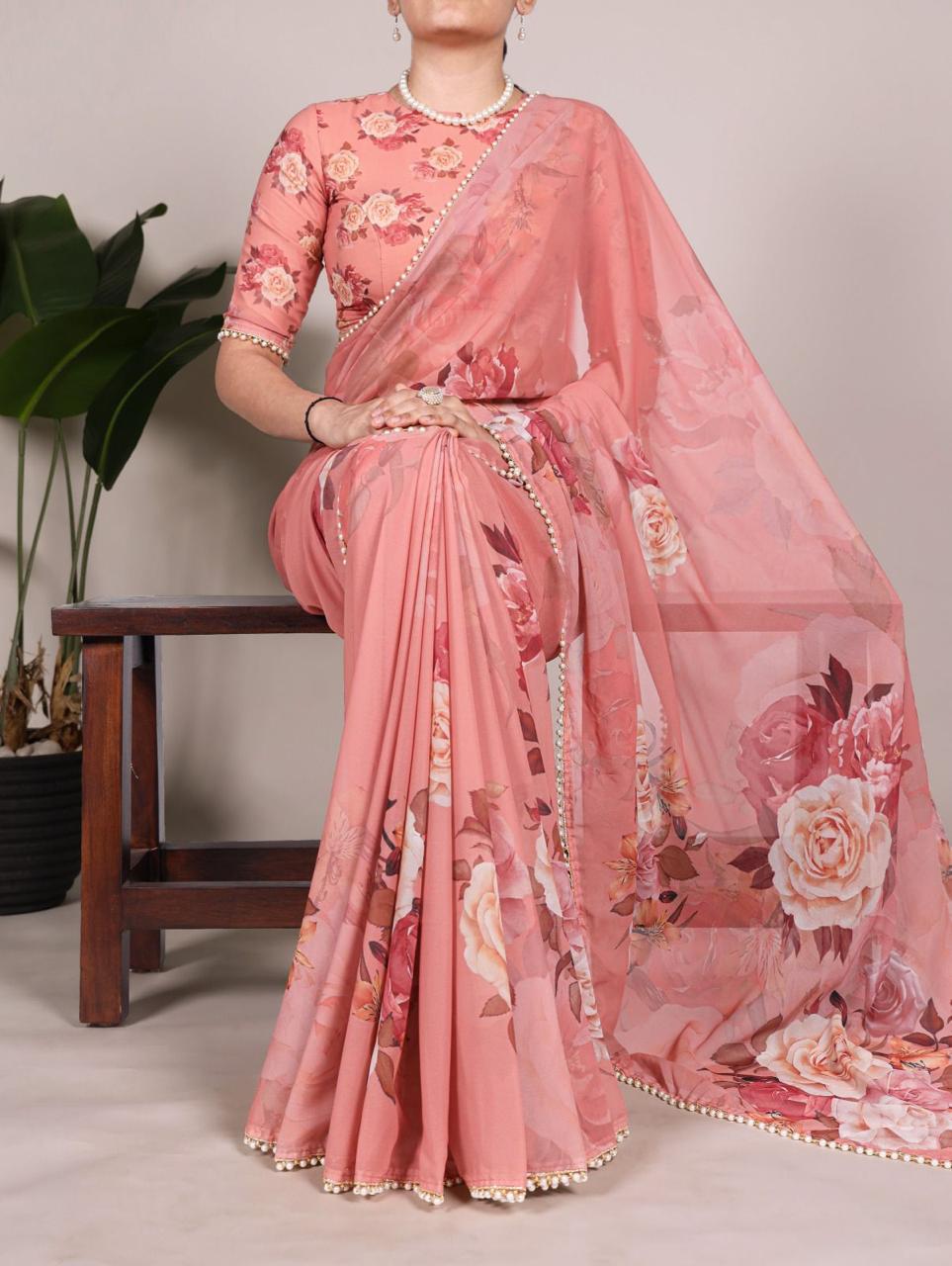 Elegant Georgette Printed Saree with Pearl Lace Border
