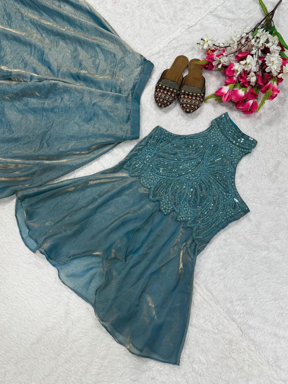 Full Neck Fendy Silk Top with Sharara Palazzo