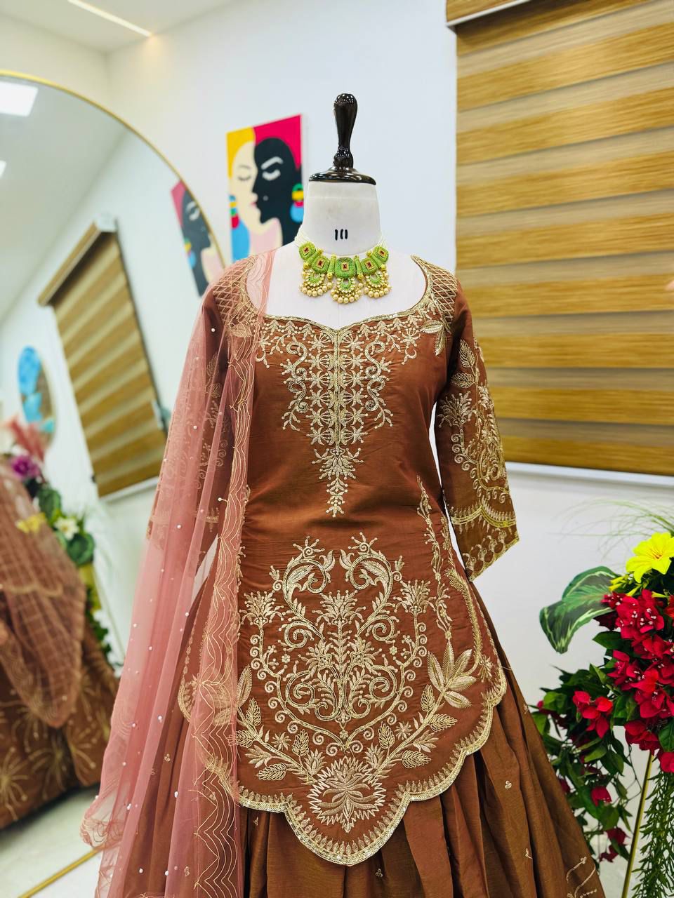 Brown Simmer Silk Embroidery Detailing Lehenga