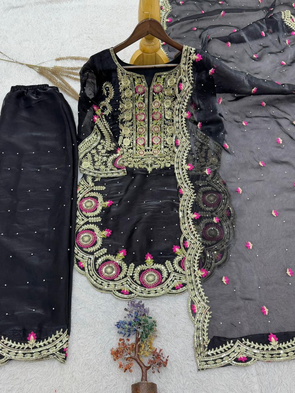 Black Silk Apple Cut Suit with Palazzo Pants
