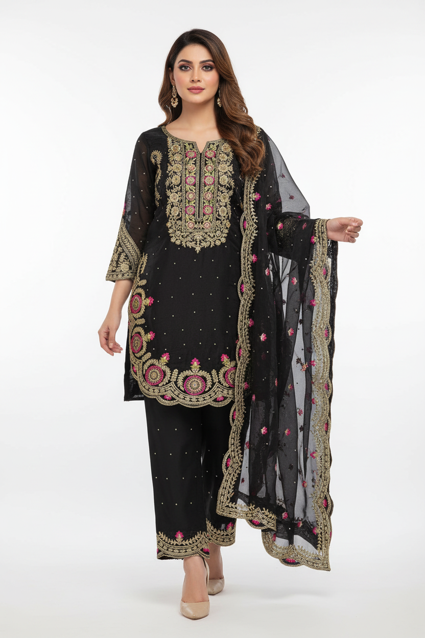 Black Silk Apple Cut Suit with Palazzo Pants