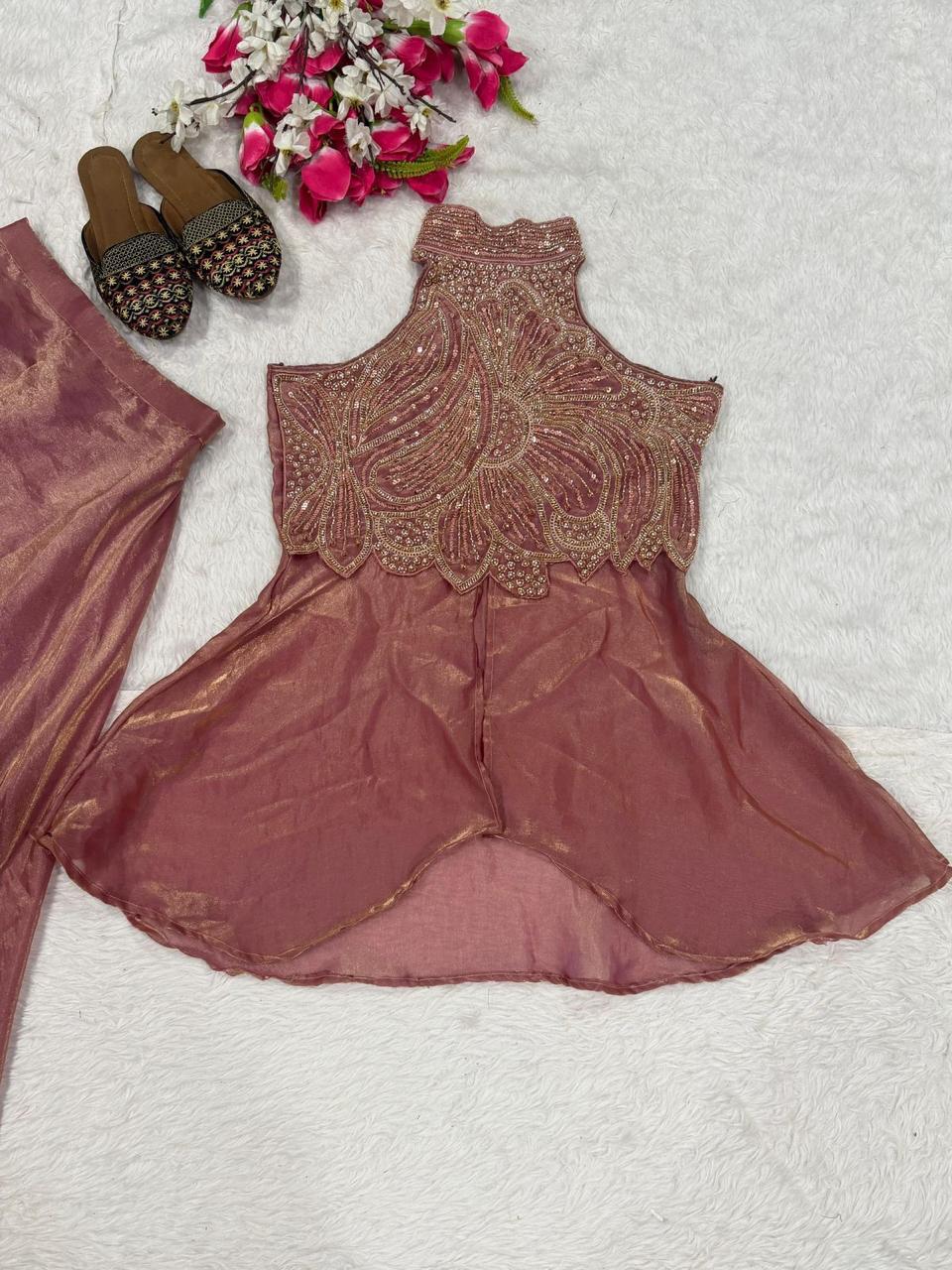 Full Neck Fendy Silk Top with Sharara Palazzo