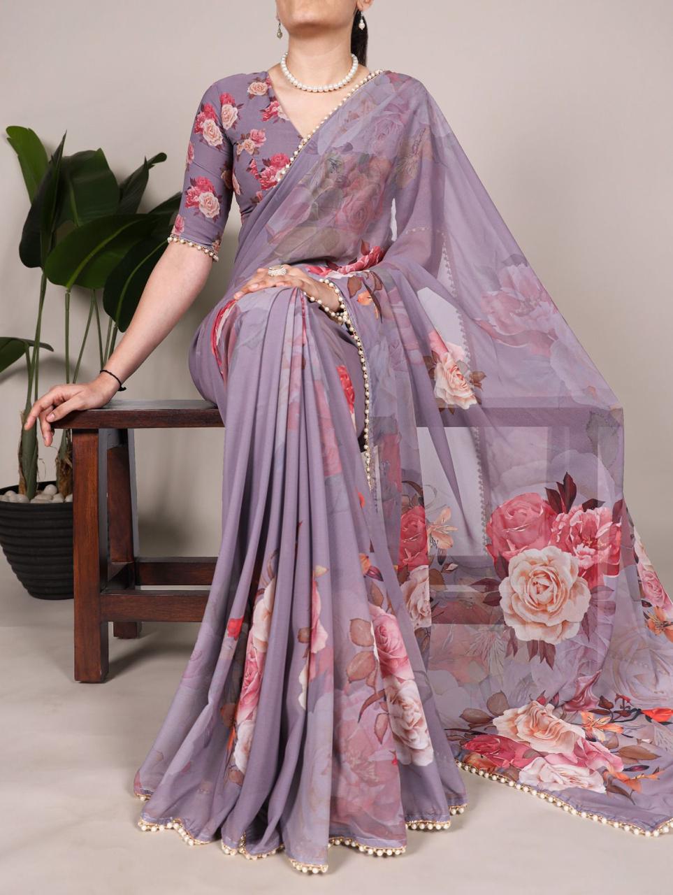 Elegant Georgette Printed Saree with Pearl Lace Border