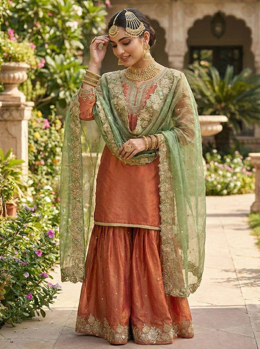 Fendy silk Palazzo Suit with graceful embroidery and sequin detailing