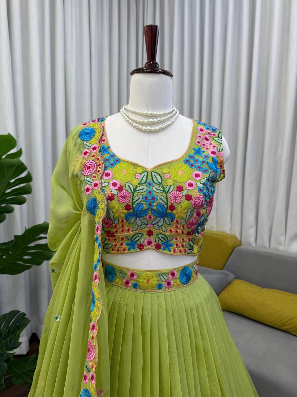 Green Tabby Organza Silk Lehenga with Floral Embroidery