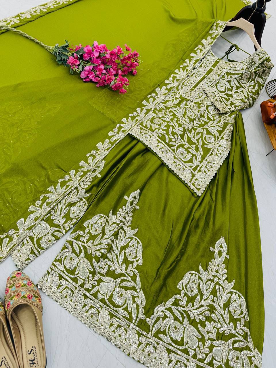 Designer Chinon Silk Sharara Set with Sequin Embroidery & Dupatta