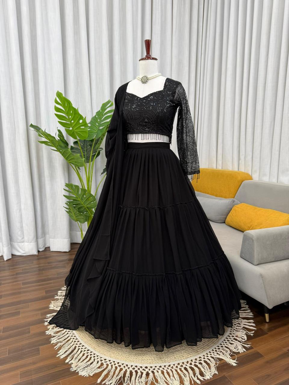 Black Faux Georgette Ruffle Pattern Lehenga