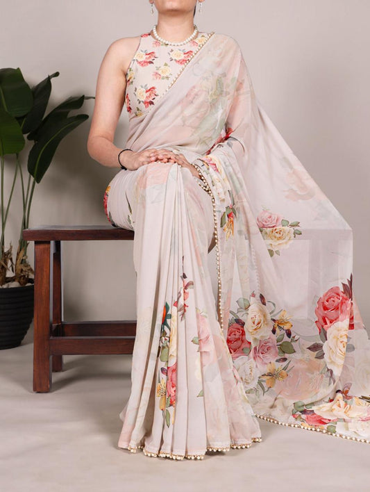 Elegant Georgette Printed Saree with Pearl Lace Border