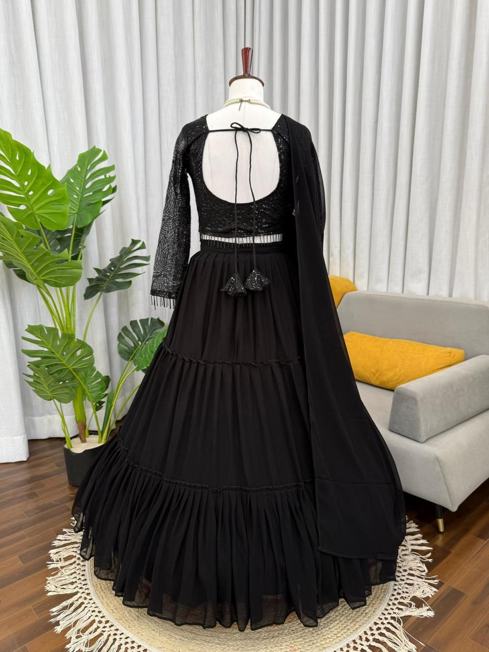 Black Faux Georgette Ruffle Pattern Lehenga