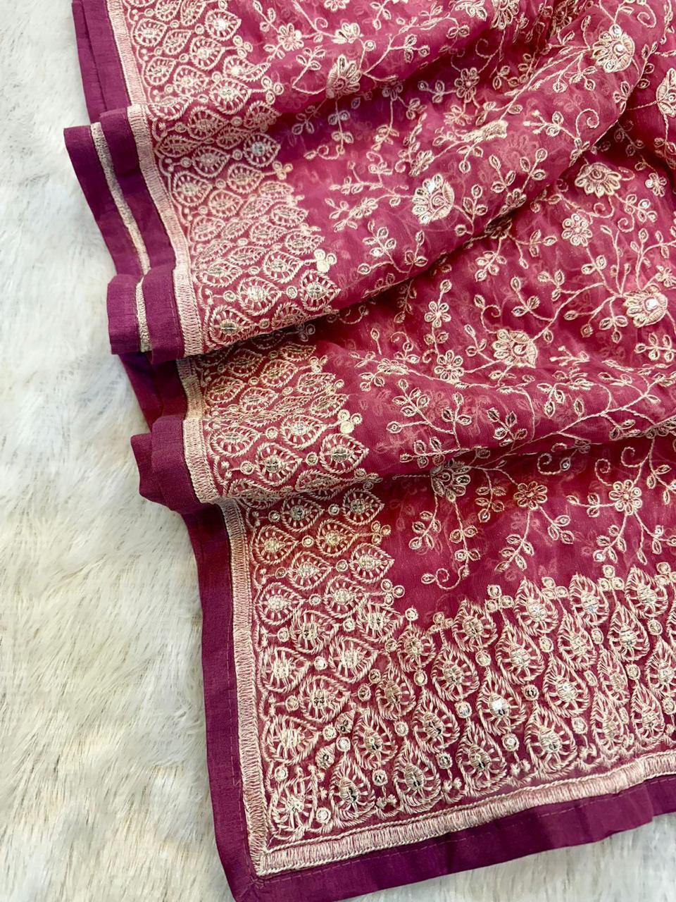 Chikankari Work Shimmer Silk Saree